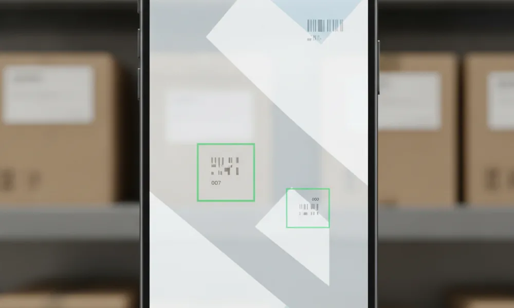 Simple inventory scanning app interface identifying barcodes on a warehouse shelf